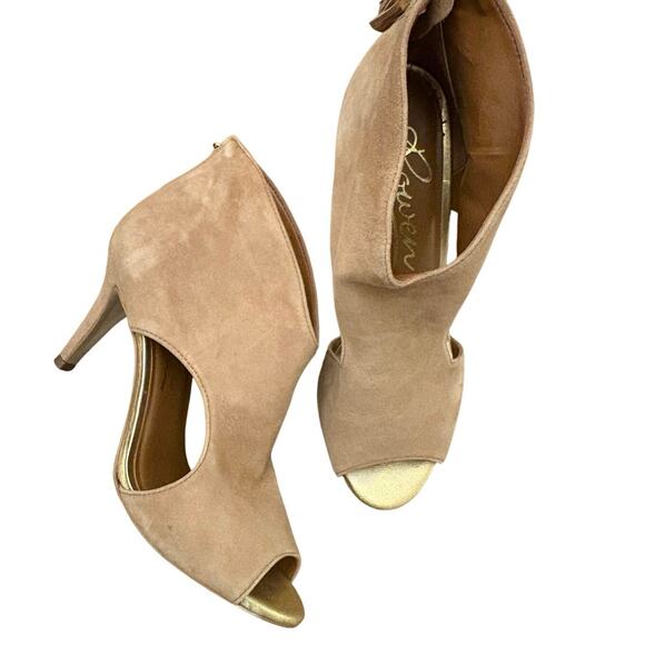 Rowen Tan & Gold Suede Open Toe Open Side Stiletto Heel 8 - Picture 1 of 8
